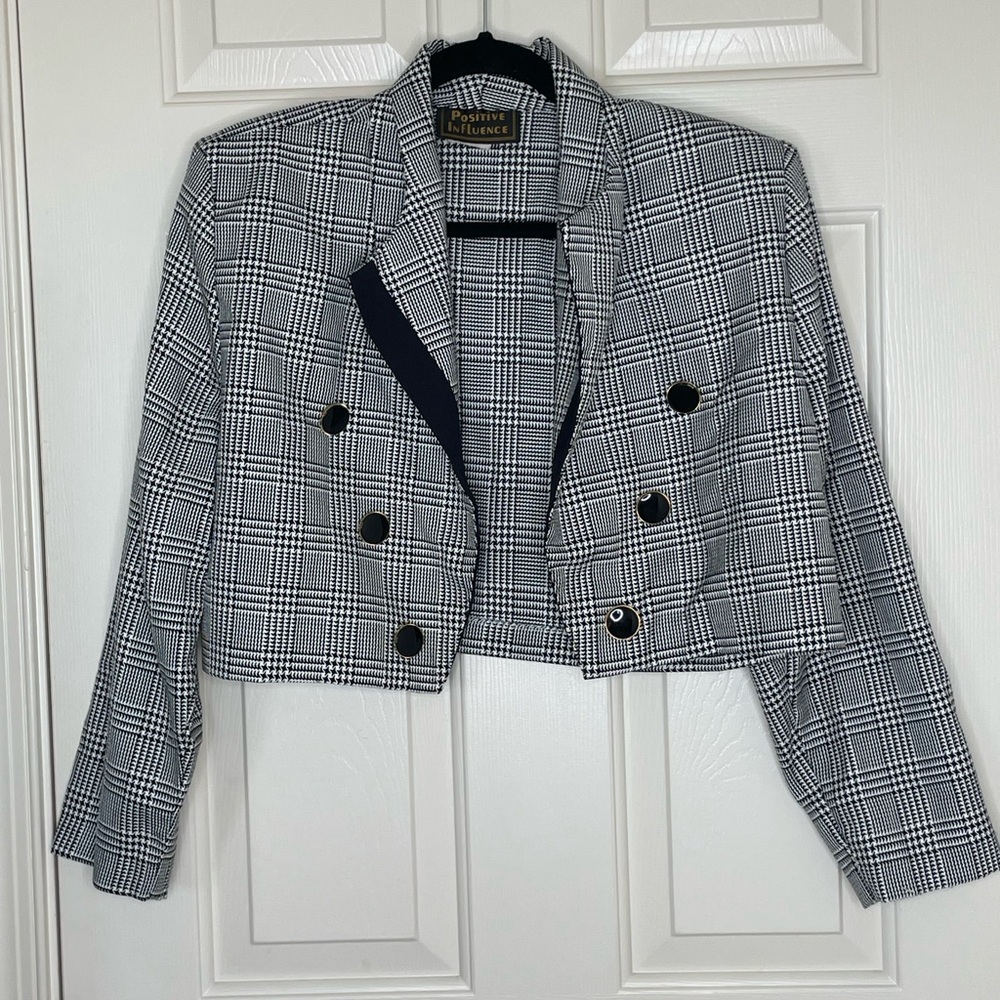 Vintage Positive Influence Cropped houndstooth Blazer Jacket Double Breasted